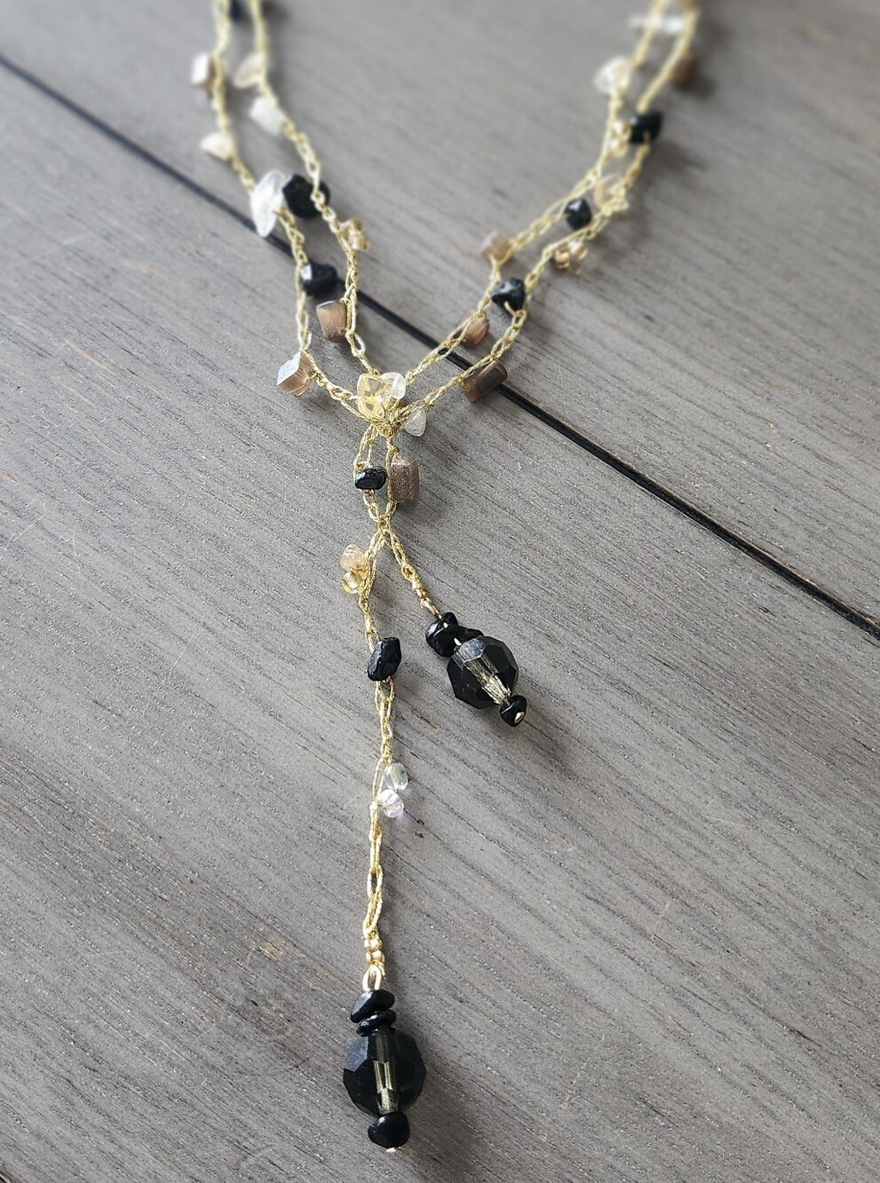 Gold GemStone Lariat Necklace Y necklace BROWN BLACK